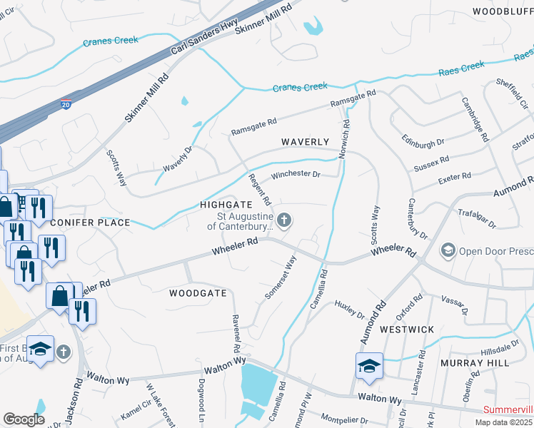 map of restaurants, bars, coffee shops, grocery stores, and more near 615 Regent Road in Augusta
