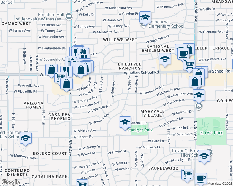 map of restaurants, bars, coffee shops, grocery stores, and more near 7964 West Fairmount Avenue in Phoenix