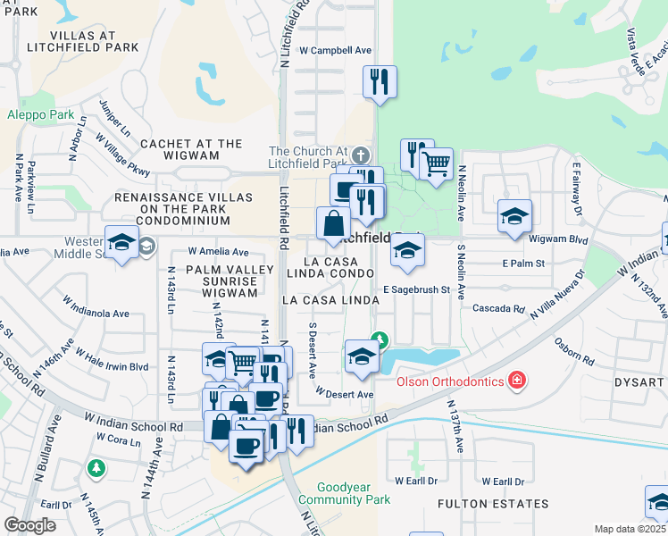 map of restaurants, bars, coffee shops, grocery stores, and more near 255 West Tainter Drive in Litchfield Park