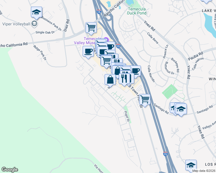 map of restaurants, bars, coffee shops, grocery stores, and more near 42221 Main Street in Temecula