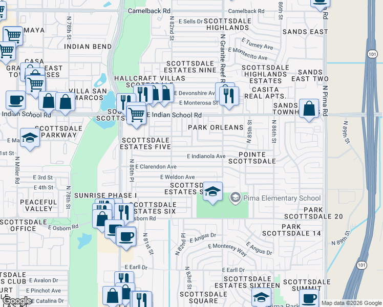 map of restaurants, bars, coffee shops, grocery stores, and more near 8238 East Indianola Avenue in Scottsdale