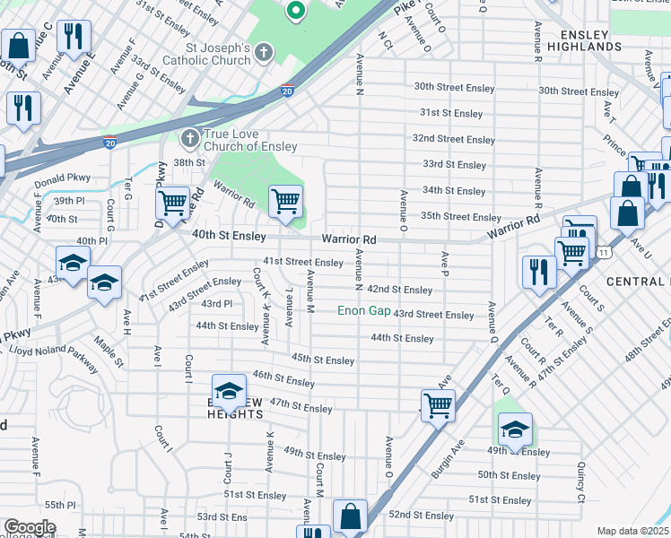 map of restaurants, bars, coffee shops, grocery stores, and more near 1325 41st Street Ensley in Birmingham