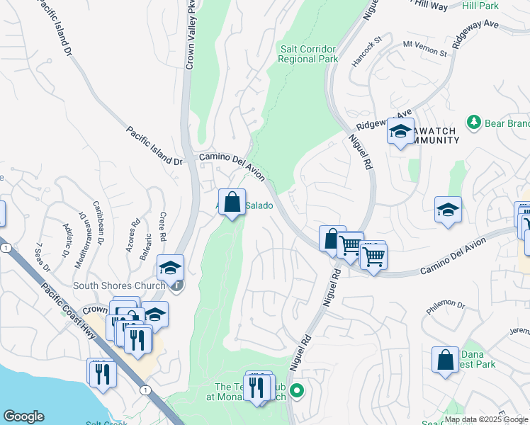 map of restaurants, bars, coffee shops, grocery stores, and more near 7 San Raphael in Dana Point