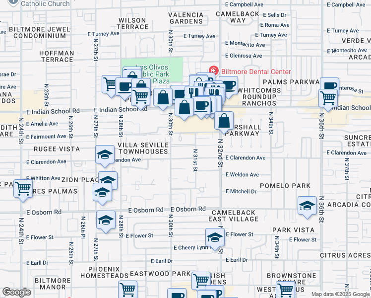 map of restaurants, bars, coffee shops, grocery stores, and more near 3807 North 30th Street in Phoenix