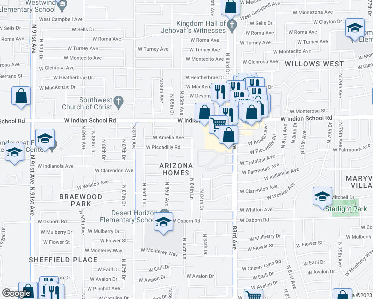 map of restaurants, bars, coffee shops, grocery stores, and more near 8441 West Piccadilly Road in Phoenix