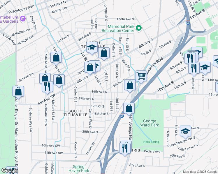 map of restaurants, bars, coffee shops, grocery stores, and more near 748 Omega Street South in Birmingham