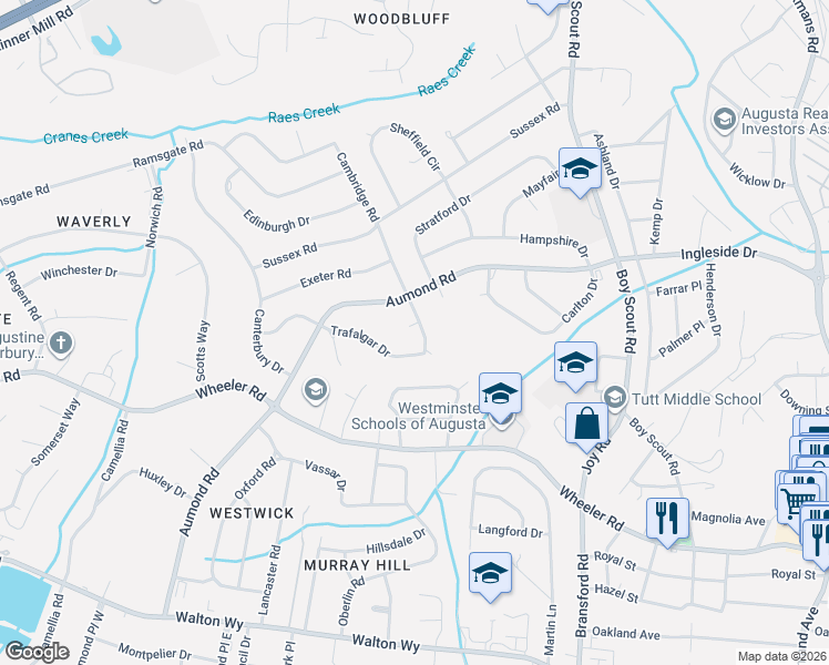 map of restaurants, bars, coffee shops, grocery stores, and more near 642 Cambridge Road in Augusta