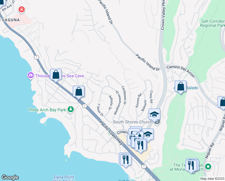 map of restaurants, bars, coffee shops, grocery stores, and more near 32451 Mediterranean Drive in Dana Point