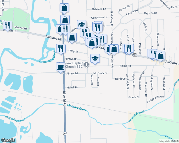 map of restaurants, bars, coffee shops, grocery stores, and more near 201 Mc Crary Drive in Columbus