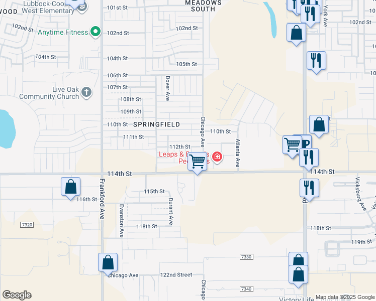 map of restaurants, bars, coffee shops, grocery stores, and more near 11204 Clinton Avenue in Lubbock