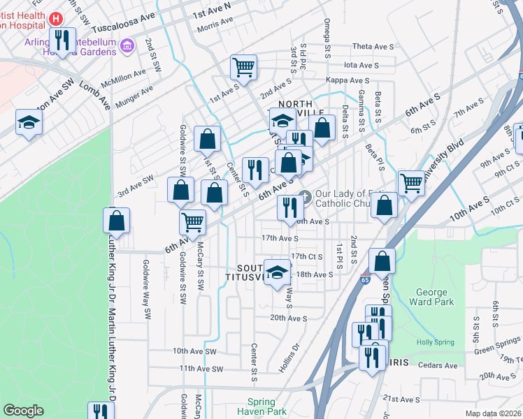 map of restaurants, bars, coffee shops, grocery stores, and more near 8 7th Avenue South in Birmingham