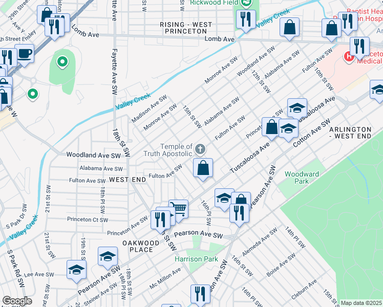map of restaurants, bars, coffee shops, grocery stores, and more near 1548 Fulton Avenue Southwest in Birmingham