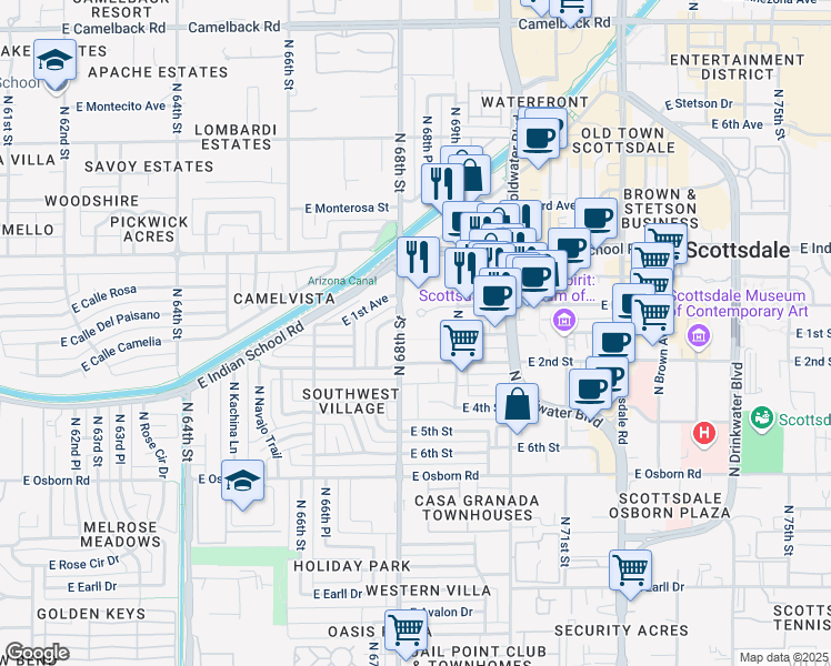 map of restaurants, bars, coffee shops, grocery stores, and more near 6804 East 2nd Street in Scottsdale