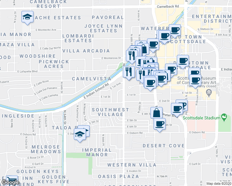 map of restaurants, bars, coffee shops, grocery stores, and more near 3810 North Pueblo Way in Scottsdale
