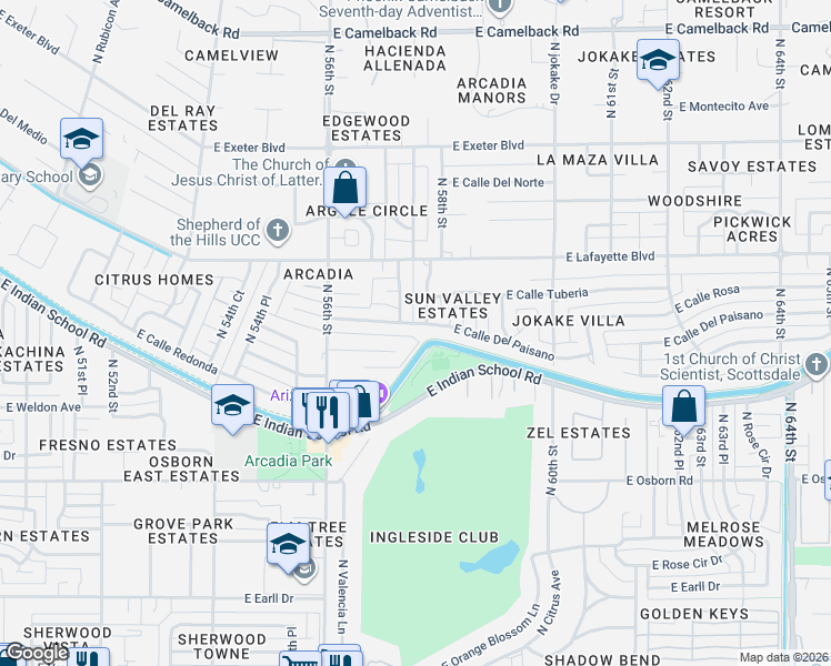 map of restaurants, bars, coffee shops, grocery stores, and more near 5749 East Calle Del Paisano in Phoenix