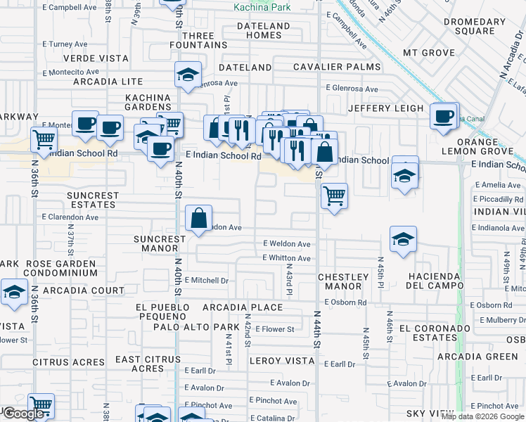 map of restaurants, bars, coffee shops, grocery stores, and more near 4227 East Indianola Avenue in Phoenix