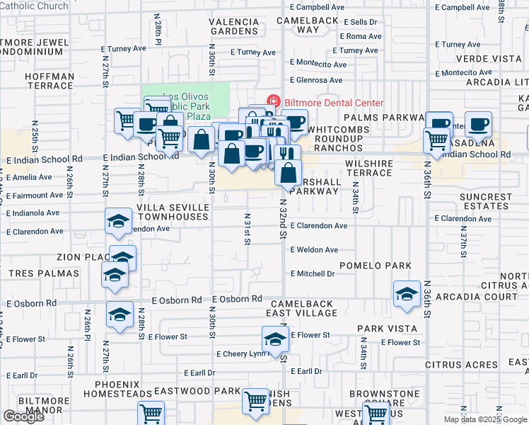map of restaurants, bars, coffee shops, grocery stores, and more near 3138 East Clarendon Avenue in Phoenix