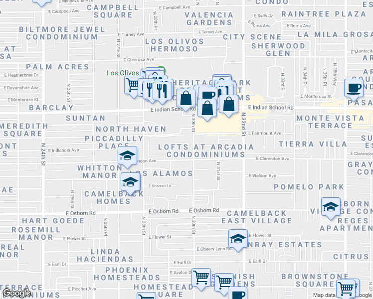 map of restaurants, bars, coffee shops, grocery stores, and more near 2938 East Clarendon Avenue in Phoenix
