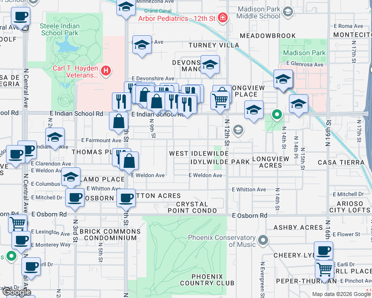 map of restaurants, bars, coffee shops, grocery stores, and more near 1014 East Indianola Avenue in Phoenix