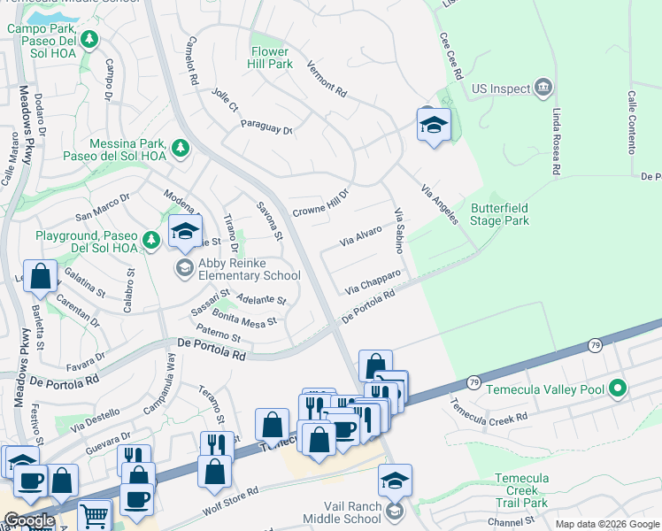 map of restaurants, bars, coffee shops, grocery stores, and more near 43379 Calle Morita in Temecula