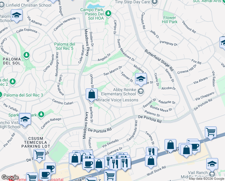 map of restaurants, bars, coffee shops, grocery stores, and more near 32496 Bergamo Court in Temecula