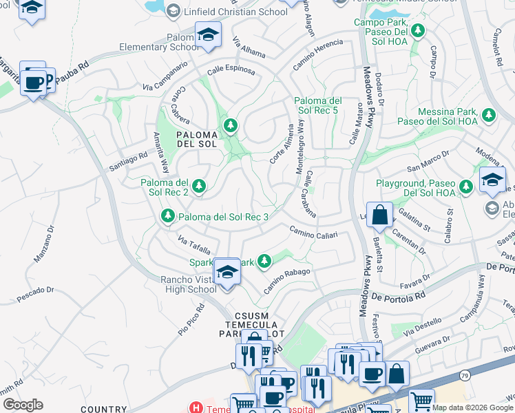 map of restaurants, bars, coffee shops, grocery stores, and more near 43545 Corte Benisa in Temecula
