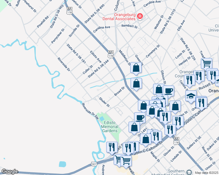 map of restaurants, bars, coffee shops, grocery stores, and more near 213 State Road S-38-1186 in Orangeburg