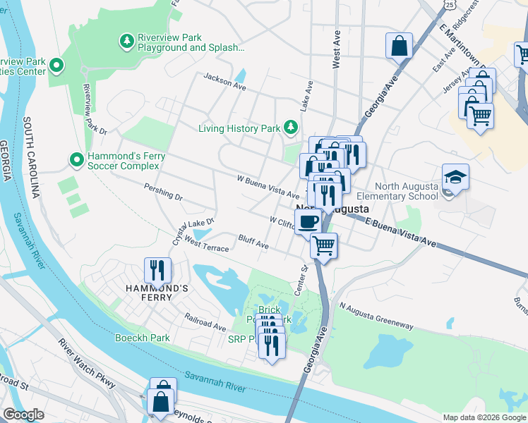 map of restaurants, bars, coffee shops, grocery stores, and more near 217 West Clifton Avenue in North Augusta