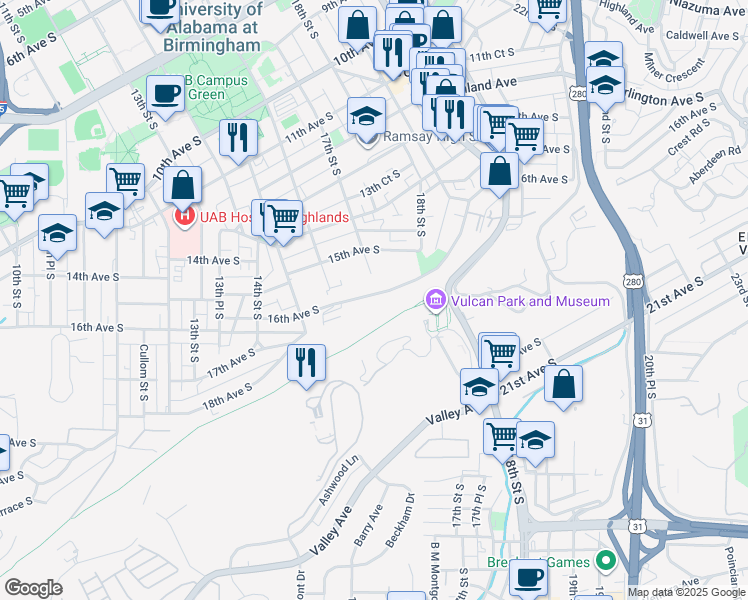 map of restaurants, bars, coffee shops, grocery stores, and more near 1707 16th Avenue South in Birmingham