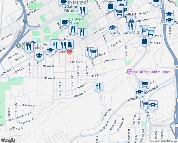 map of restaurants, bars, coffee shops, grocery stores, and more near 1510 14th Street South in Birmingham