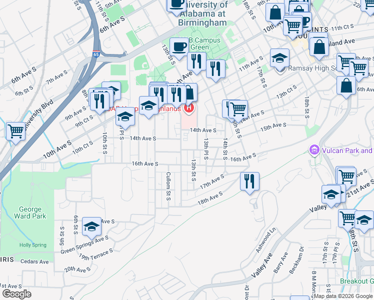 map of restaurants, bars, coffee shops, grocery stores, and more near 1215 15th Avenue South in Birmingham