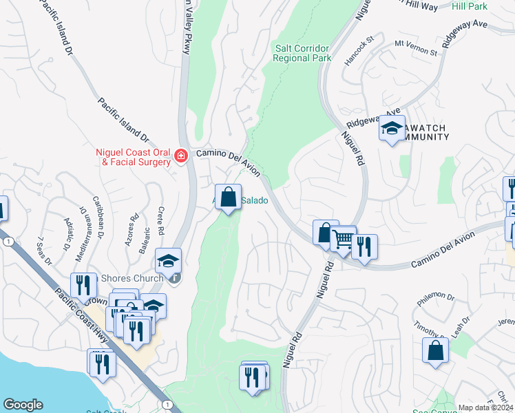 map of restaurants, bars, coffee shops, grocery stores, and more near 7 San Raphael in Dana Point