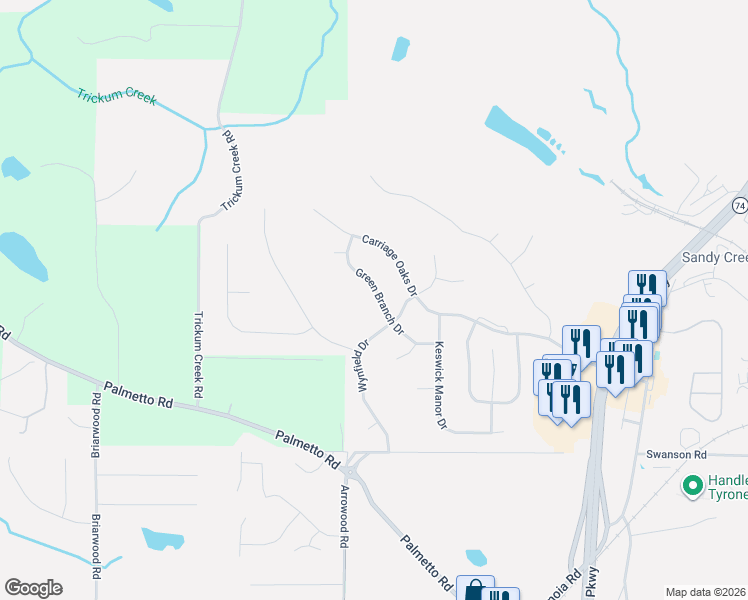 map of restaurants, bars, coffee shops, grocery stores, and more near 118 Green Branch Drive in Tyrone