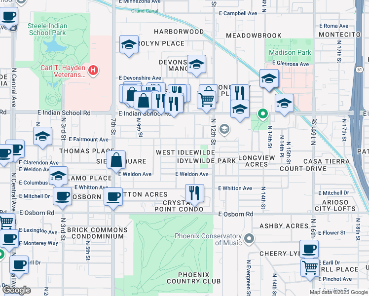 map of restaurants, bars, coffee shops, grocery stores, and more near 1048 East Indianola Avenue in Phoenix