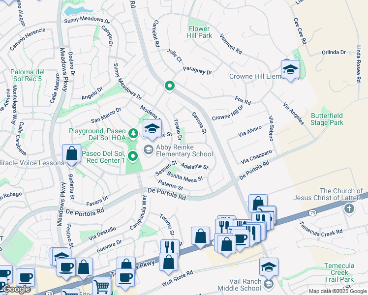 map of restaurants, bars, coffee shops, grocery stores, and more near 43663 Alcoba Drive in Temecula