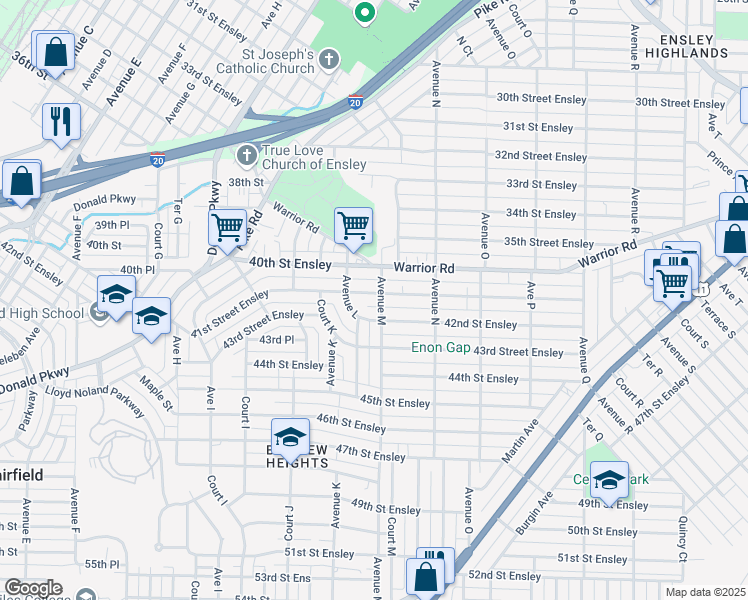 map of restaurants, bars, coffee shops, grocery stores, and more near 1225 41st Street Ensley in Birmingham