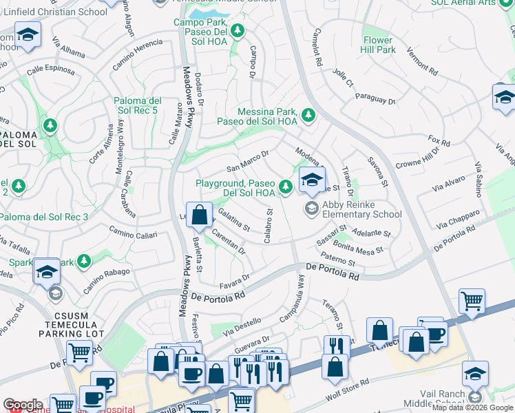map of restaurants, bars, coffee shops, grocery stores, and more near 32496 Bergamo Court in Temecula