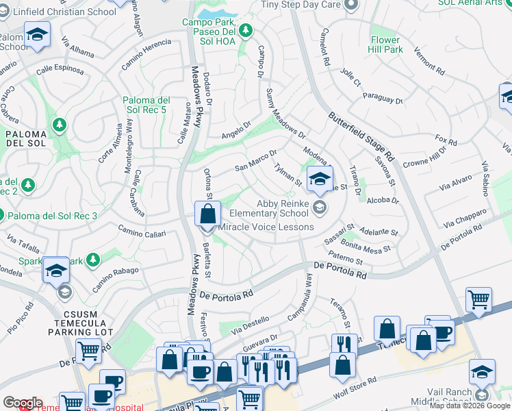 map of restaurants, bars, coffee shops, grocery stores, and more near 32496 Bergamo Court in Temecula