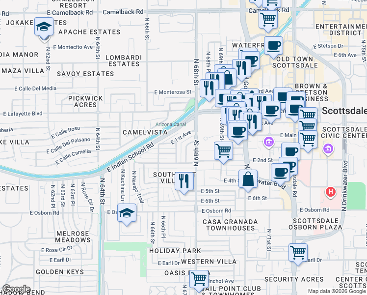 map of restaurants, bars, coffee shops, grocery stores, and more near 3810 North Pueblo Way in Scottsdale