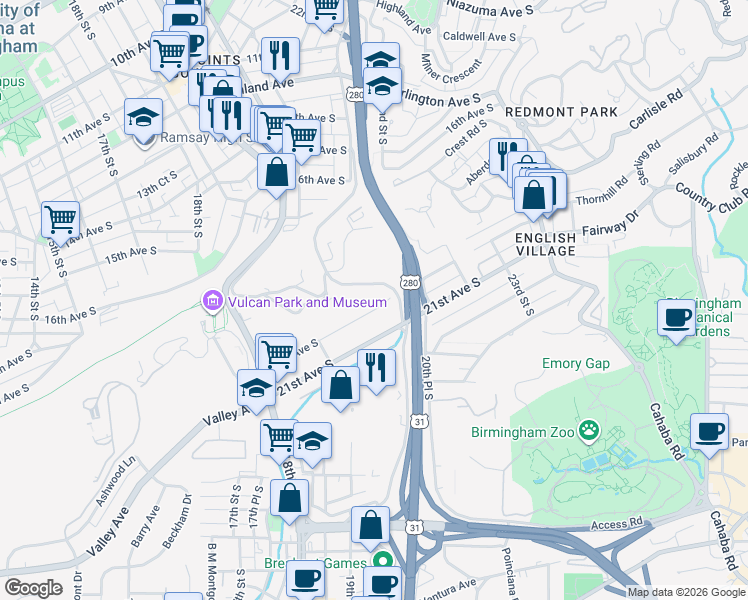 map of restaurants, bars, coffee shops, grocery stores, and more near 2050 20th Avenue South in Birmingham
