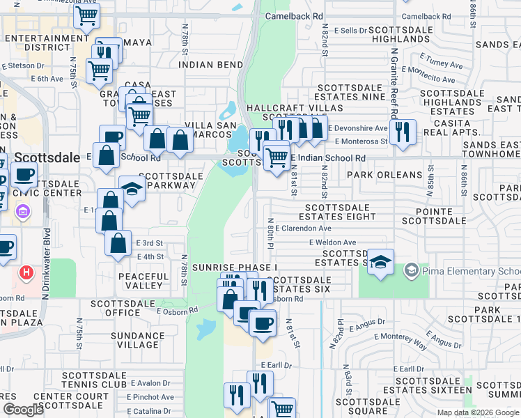 map of restaurants, bars, coffee shops, grocery stores, and more near 3825 North Hayden Road in Scottsdale