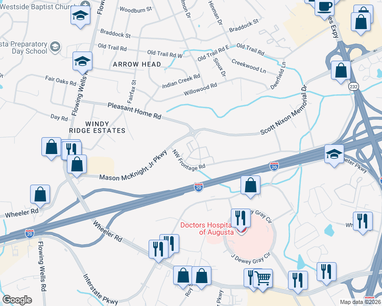 map of restaurants, bars, coffee shops, grocery stores, and more near Shinnecock Hills Lane in Augusta