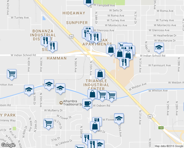 map of restaurants, bars, coffee shops, grocery stores, and more near 3803 N 35th Ave in Phoenix