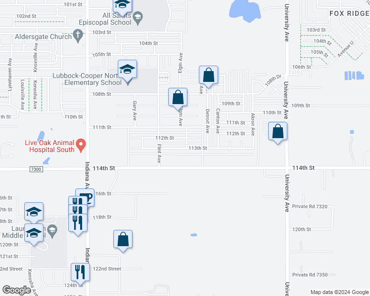 map of restaurants, bars, coffee shops, grocery stores, and more near 2611 113th Street in Lubbock