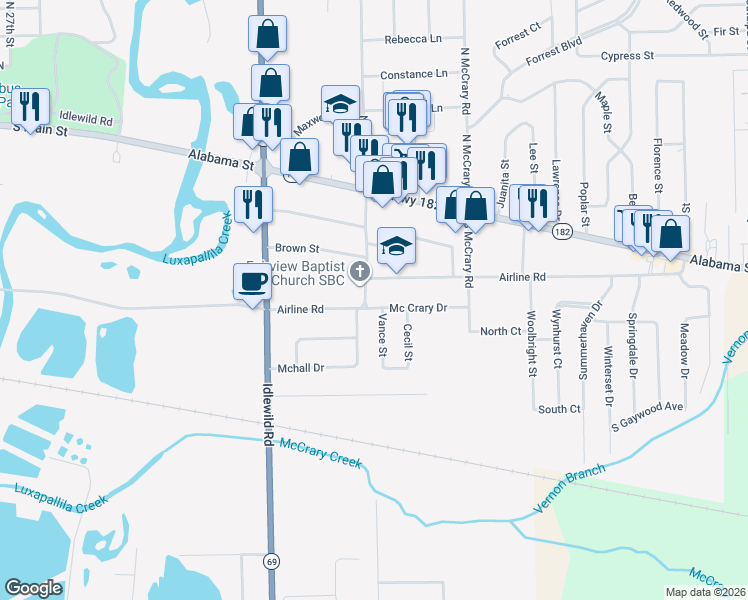 map of restaurants, bars, coffee shops, grocery stores, and more near 201 Mc Crary Drive in Columbus