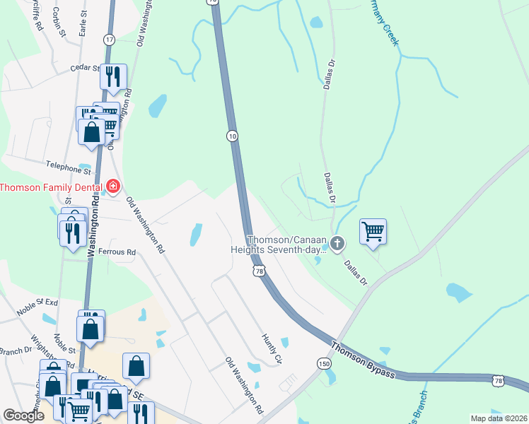 map of restaurants, bars, coffee shops, grocery stores, and more near 1257 Harrison Drive in Thomson