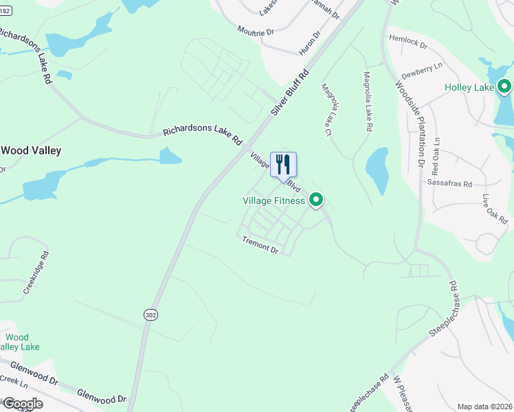 map of restaurants, bars, coffee shops, grocery stores, and more near 227 Coach Light Way Southwest in Aiken