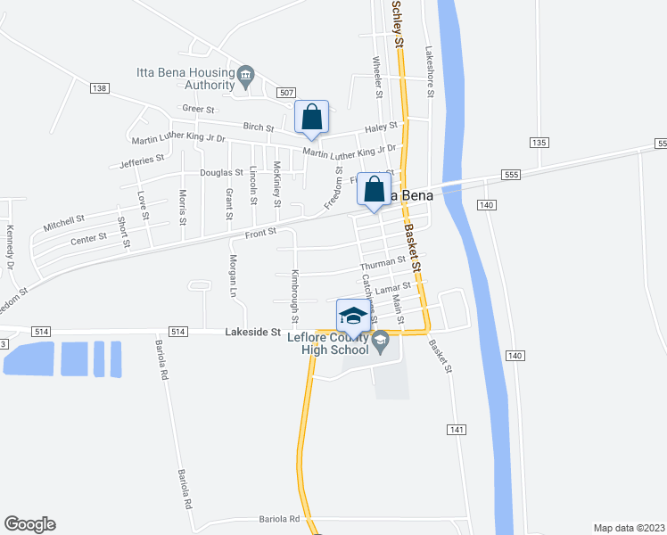 map of restaurants, bars, coffee shops, grocery stores, and more near 600 Thurman Street in Itta Bena