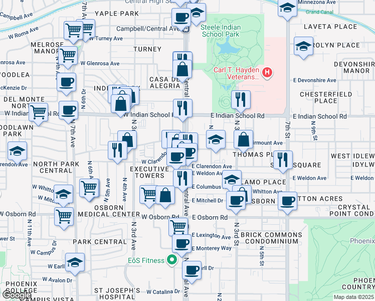 map of restaurants, bars, coffee shops, grocery stores, and more near 3883 North Central Avenue in Phoenix