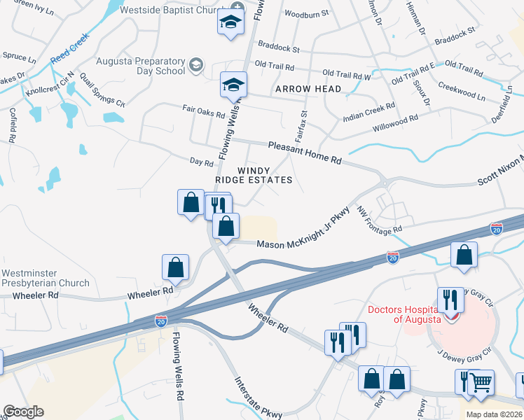 map of restaurants, bars, coffee shops, grocery stores, and more near 525 Benson Court in Augusta